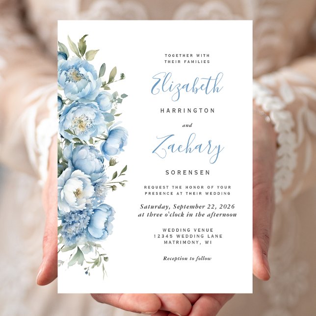 Convites Casamento Floral em Aquarela Azul Pastel Elegante (Criador carregado)