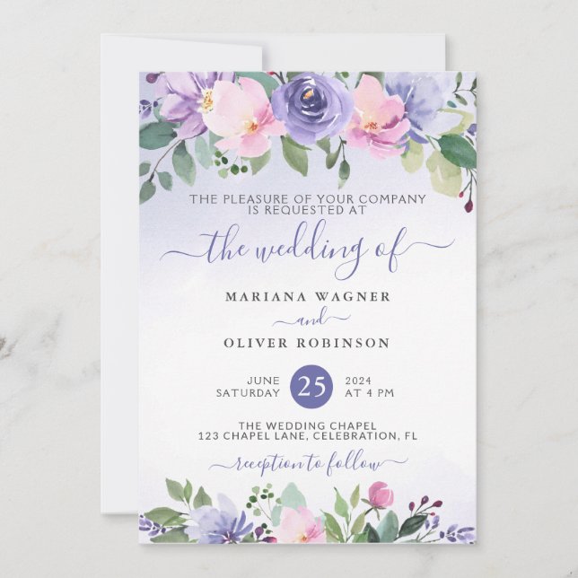 Convites Casamento Floral em Aquarela Azul-Pervinca e Rosa (Frente)