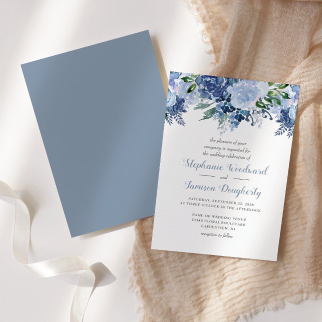 Convites Casamento Floral em Aquarela Azul Poeirento (Criador carregado)