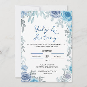Convites Casamento Floral em Aquarela Azul Poeirento Cinza