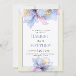 Convites Casamento Floral em Aquarela Azul Poeirento e Marf