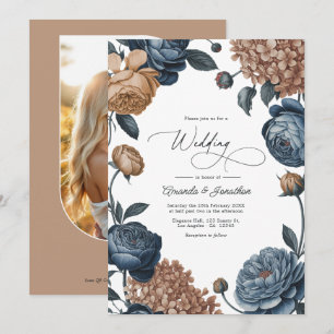 Convites Casamento Floral em Aquarela Azul Poeirento e Taup