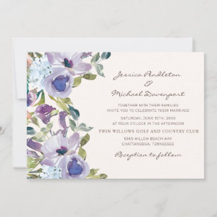 Convites Casamento Floral em Aquarela Azul Poeirento Roxo