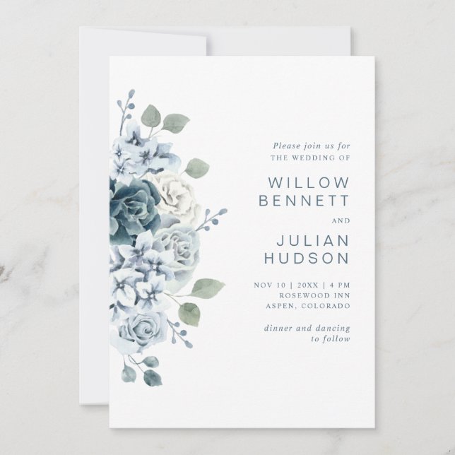 Convites Casamento Floral em Aquarela Azul Poento Moderno (Frente)