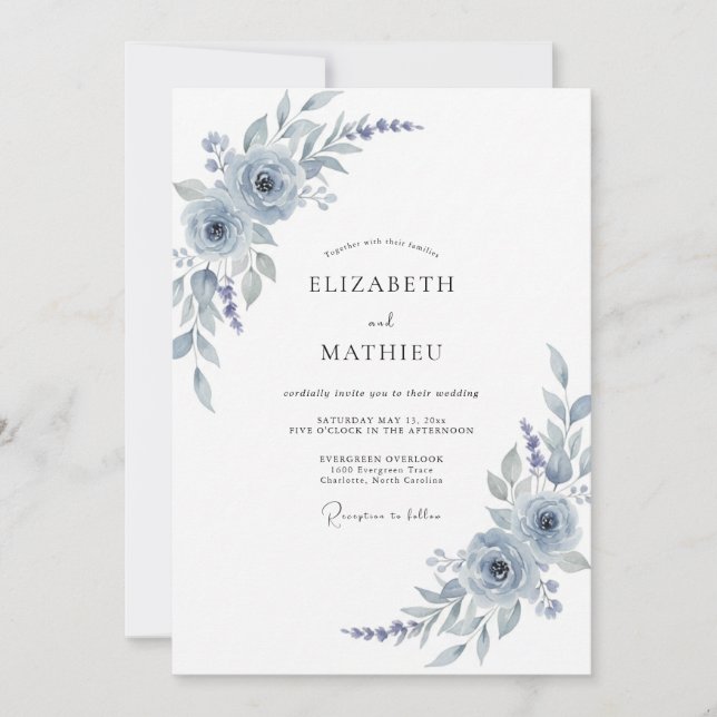 Convites Casamento Floral em Aquarela Azul Prata (Frente)