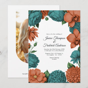Convites Casamento Floral em Aquarela Azul Turquesa e Coral