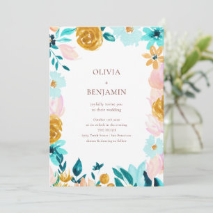 Convites Casamento Floral em Aquarela Azul Verde Clássico