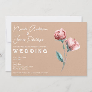Convites Casamento Floral em Aquarela Bege Pêssego