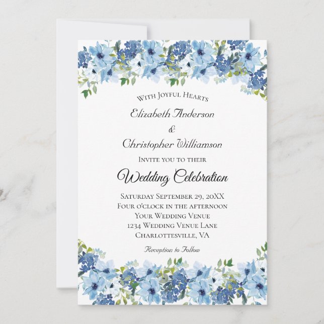Convites Casamento Floral em Aquarela Boho Verde Azul (Frente)