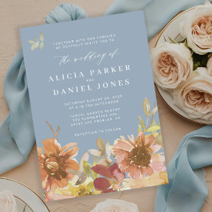 Convites Casamento floral em aquarela botânica azul poeiren