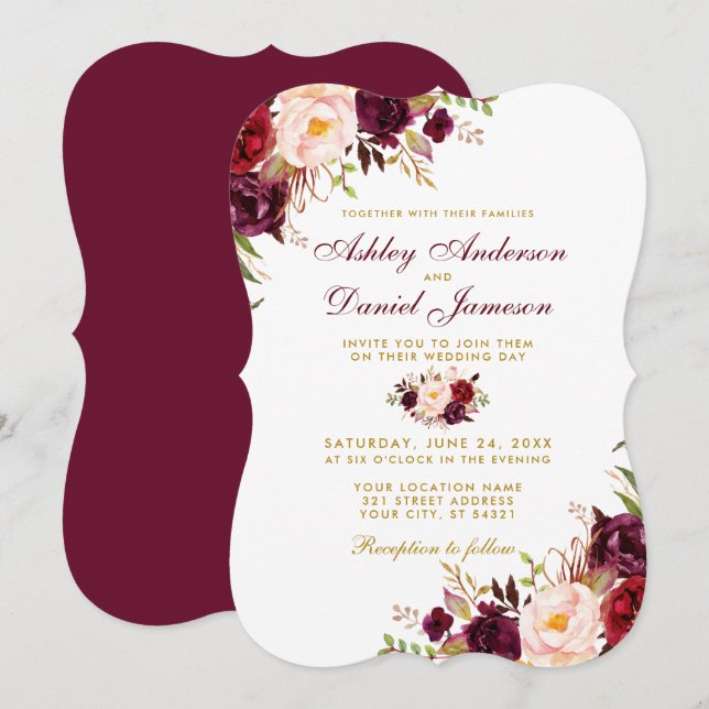 Convites Casamento Floral em Aquarela Burgundy Dourado (Frente/Verso)