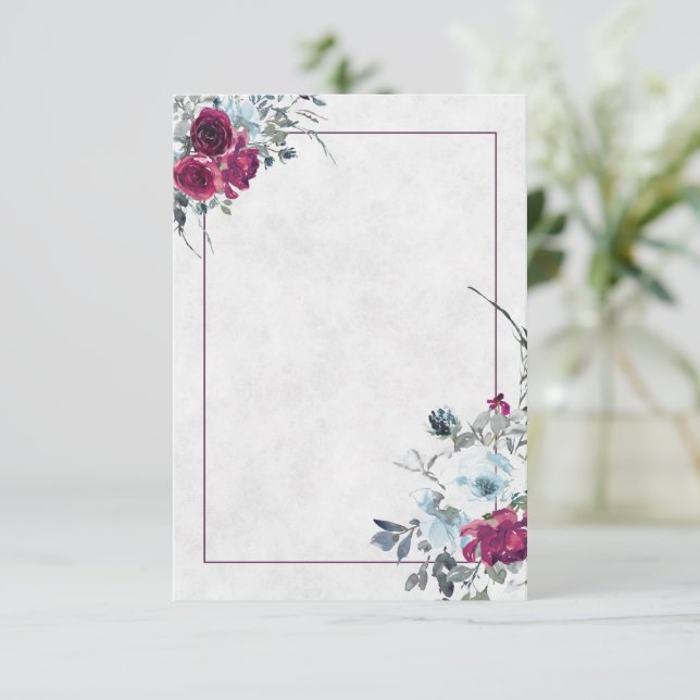 Convites Casamento floral em aquarela burgundy e azul  (Em pé/Frente)