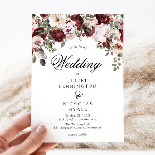 Convites Casamento Floral em Aquarela Burgundy e Blush Eleg