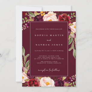 Convites Casamento Floral em Aquarela Burgundy Elegante