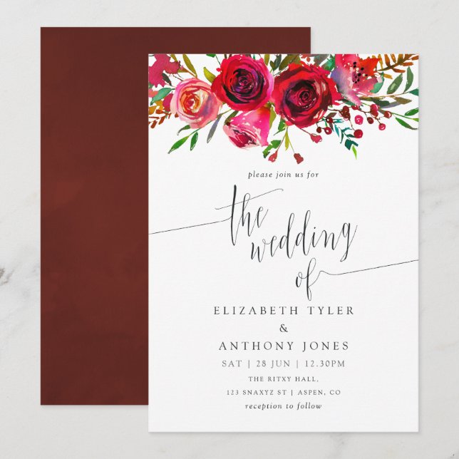 Convites Casamento Floral em Aquarela Burgundy - Marsala (Frente/Verso)