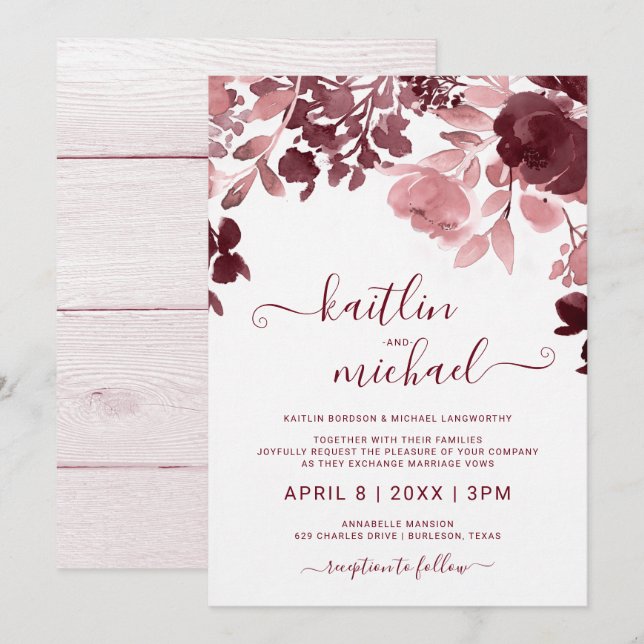 Convites Casamento Floral em Aquarela - Burgundy & Rosa (Frente/Verso)