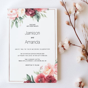 Convites Casamento floral em aquarela burgundy rosa elegant