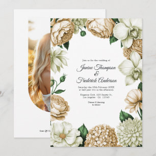 Convites Casamento Floral em Aquarela Champanhe e Marfim