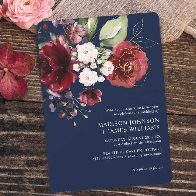 Convites Casamento Floral em Aquarela Clássico Dourado Borg (Classic Gold Burgundy Watercolor Floral Wedding Invitation)