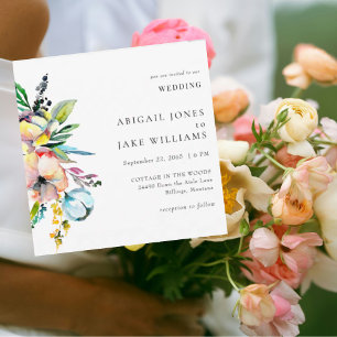 Convites Casamento Floral em Aquarela Colorida de Verão Qua