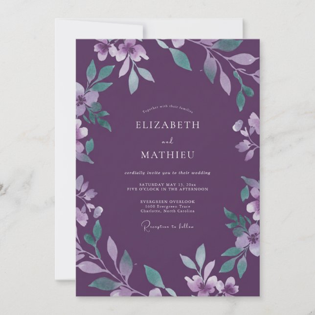 Convites Casamento Floral em Aquarela com Ámbar (Frente)