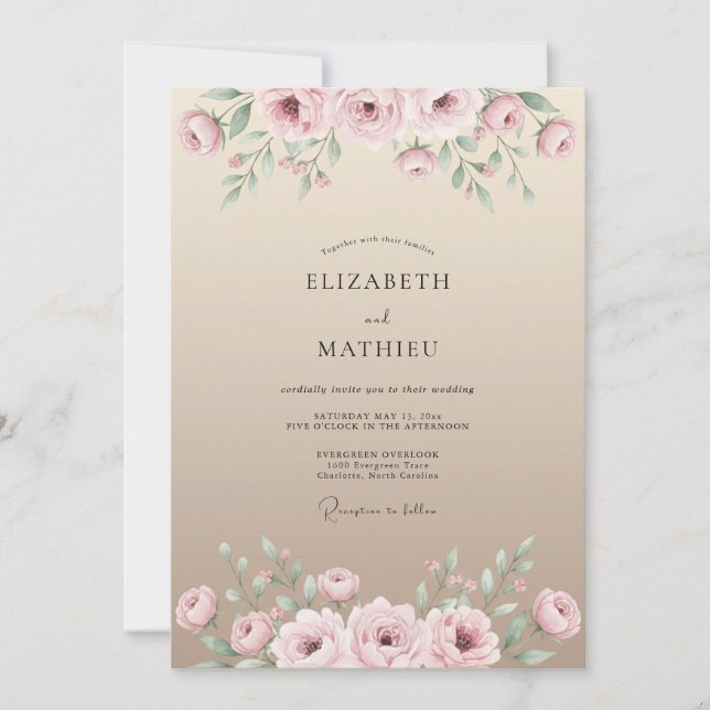 Convites Casamento Floral em Aquarela com Areia e Rubor (Frente)