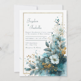 Convites Casamento Floral em Aquarela com Brilho Azul Turqu