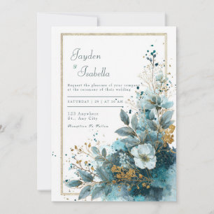 Convites Casamento Floral em Aquarela com Brilho Azul Turqu