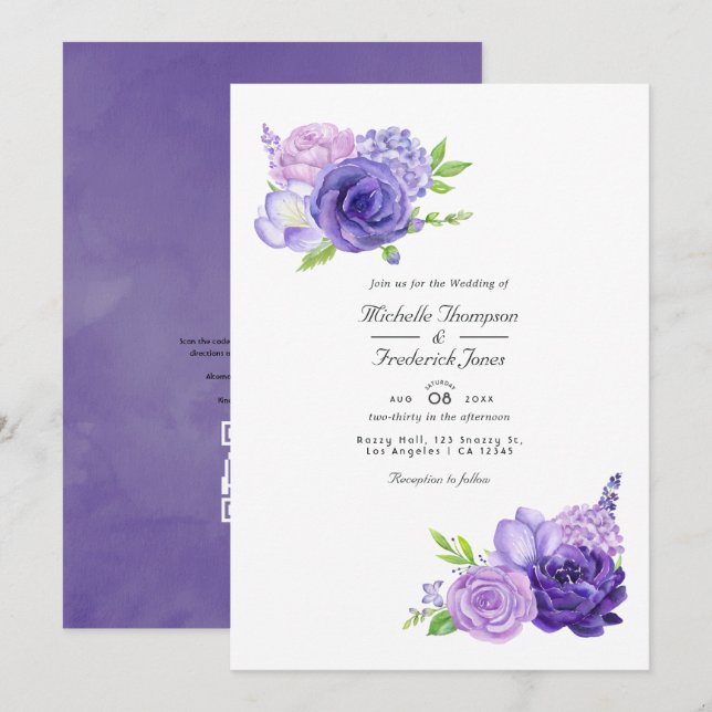 Convites Casamento Floral em Aquarela com Código QR Ultravi (Frente/Verso)