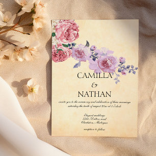 Convites Casamento floral em aquarela com lilás rosa vintag