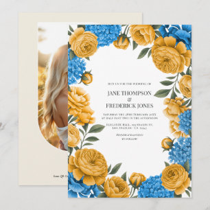 Convites Casamento Floral em Aquarela com Marigold e Azul F