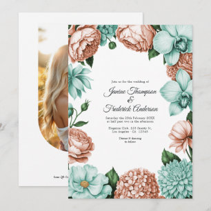 Convites Casamento Floral em Aquarela com Pêssego Suave e H