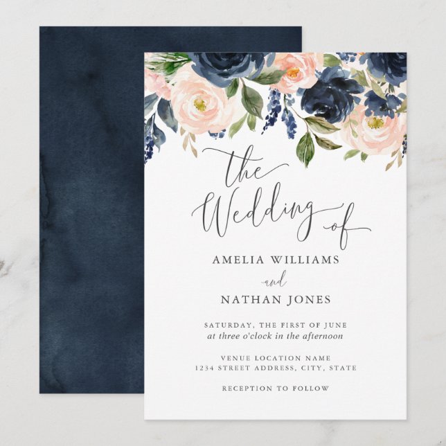 Convites Casamento Floral em Aquarela com Rosa Moderno da M (Frente/Verso)