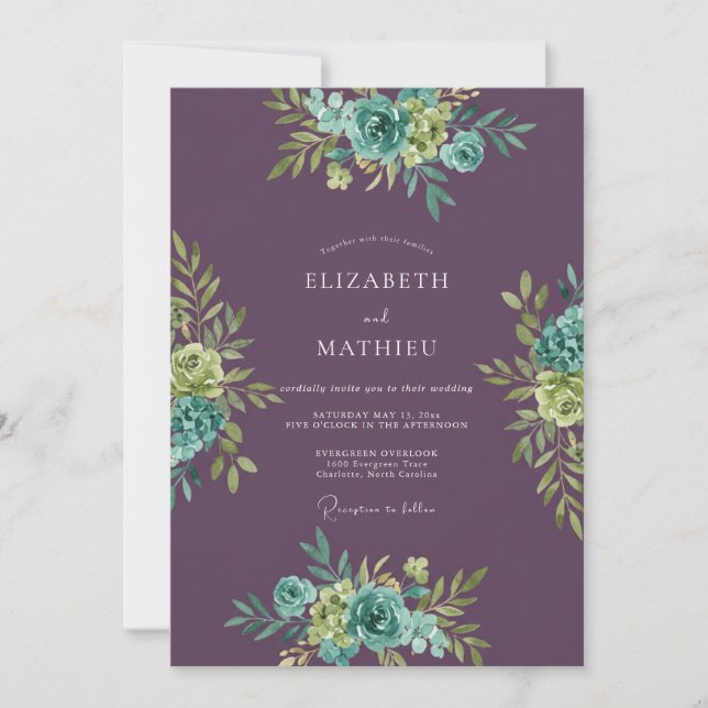 Convites Casamento Floral em Aquarela com Tons de Ameixa e  (Frente)