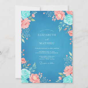 Convites Casamento Floral em Aquarela Coral Azure