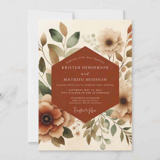Convites Casamento Floral em Aquarela de Ferrugem (Frente)