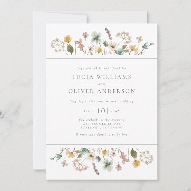 Convites Casamento Floral em Aquarela de Flores Silvestres  (Frente)