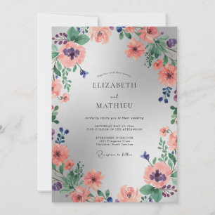 Convites Casamento Floral em Aquarela de Pêssego Prateado