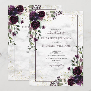 Convites Casamento Floral em Aquarela Dourado Roxo Tudo-em-
