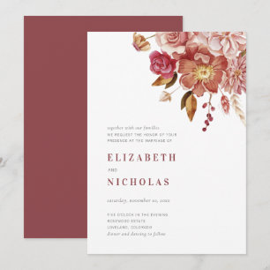 Convites Casamento Floral em Aquarela Elegante Marsala