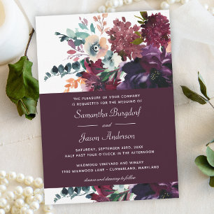 Convites Casamento Floral em Aquarela Elegante Vinho Luxuos