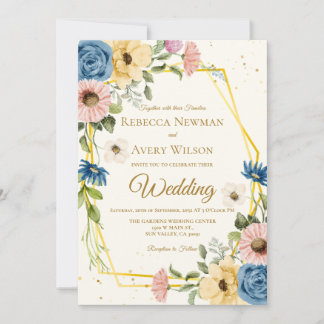 Convites Casamento Floral em Aquarela Geométrica
