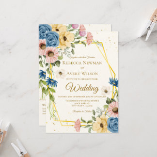 Convites Casamento Floral em Aquarela Geométrica
