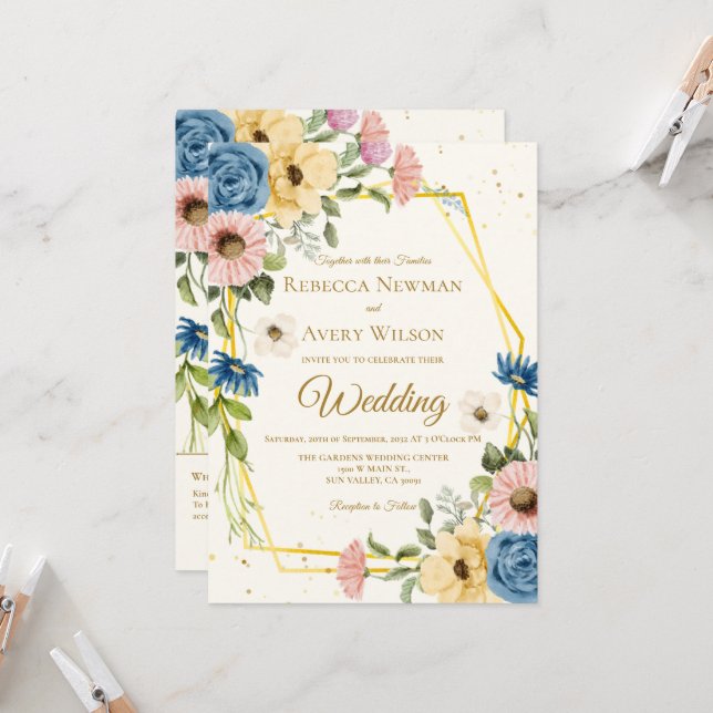 Convites Casamento Floral em Aquarela Geométrica (Frente/Verso In Situ)