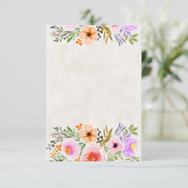 Convites Casamento floral em aquarela laranja e roxo  (Em pé/Frente)