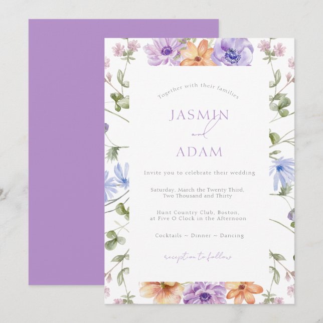 Convites Casamento Floral em Aquarela Lilás Moderno (Frente/Verso)