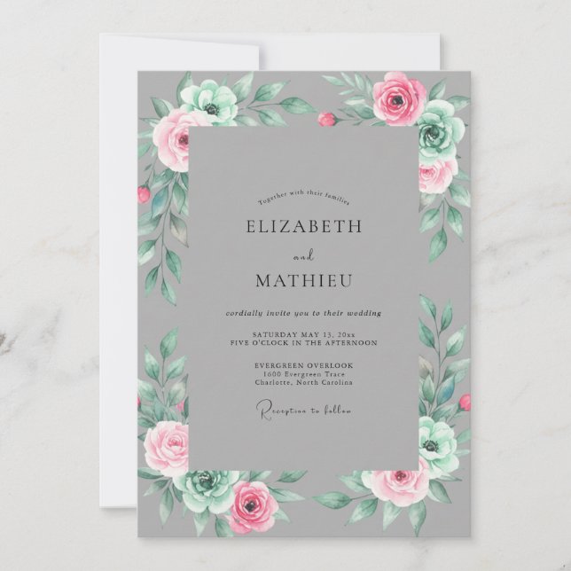 Convites Casamento Floral em Aquarela Macia Cinza (Frente)