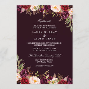 Convites Casamento Floral em Aquarela Marsala Borgonha
