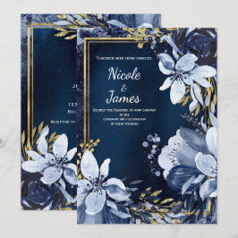 Convites Casamento Floral em Aquarela Moderna Azul Naval e 
