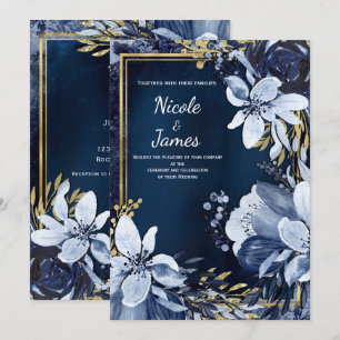 Convites Casamento Floral em Aquarela Moderna Azul Naval e 